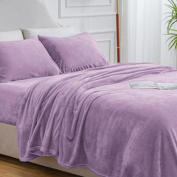 BEDELITE Flannel Sheets Full Size Lavender - Super Soft Fleece Sheets Set Fluffy Extra Plush, 4 Piece(Include Fitted Sheet, Flat Sheet, 2 Pillowcases)