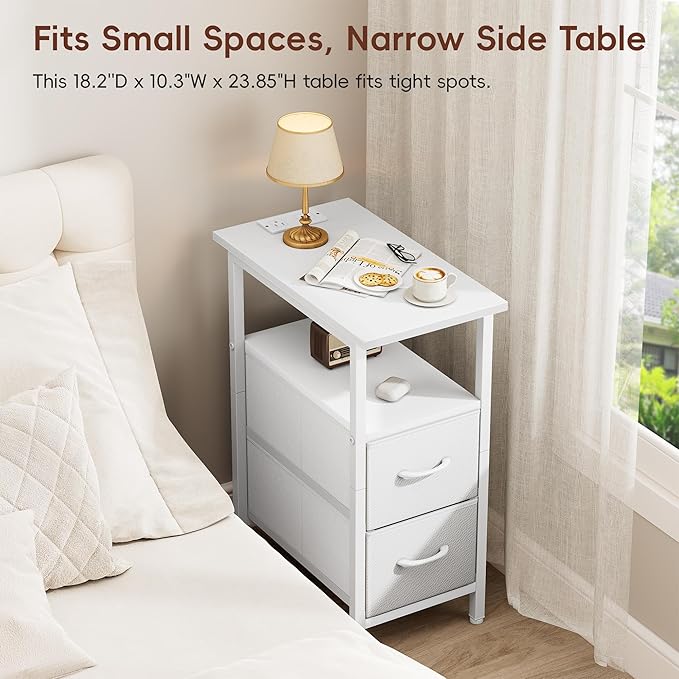 Vagusicc White End Table with Charging Station, Narrow Side Table, 23.8'' Tall Nightstand with 2 Fabric Drawers, Small Sofa Side Table Narrow Nightstand for Small Spaces, Bedroom, Bedsise Table, White
