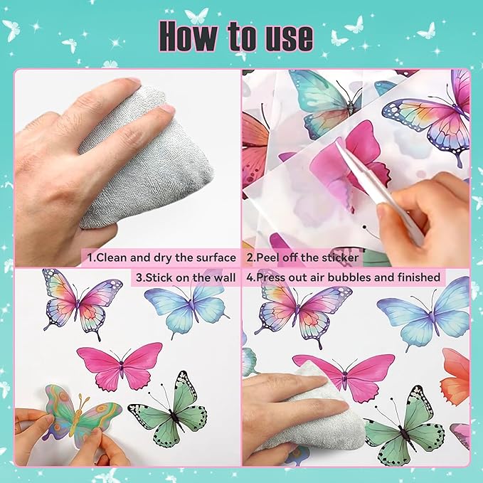 Butterfly Wall Stickers - 8 Sheets 62 Pcs Butterfly Watercolor Wall Decals Peel and Stick Wall Decals for Girls Kids Bedroom Room Nursery Room Décor