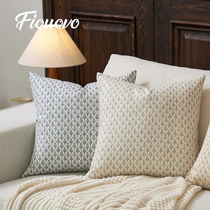 FIOUOVO Floral Pillow Covers 24x24 Pillow Cover Block Print Couch Pillows for Living Room Decorative Neutral Accent Throw Pillow Covers, 1PC, Aqua Blue