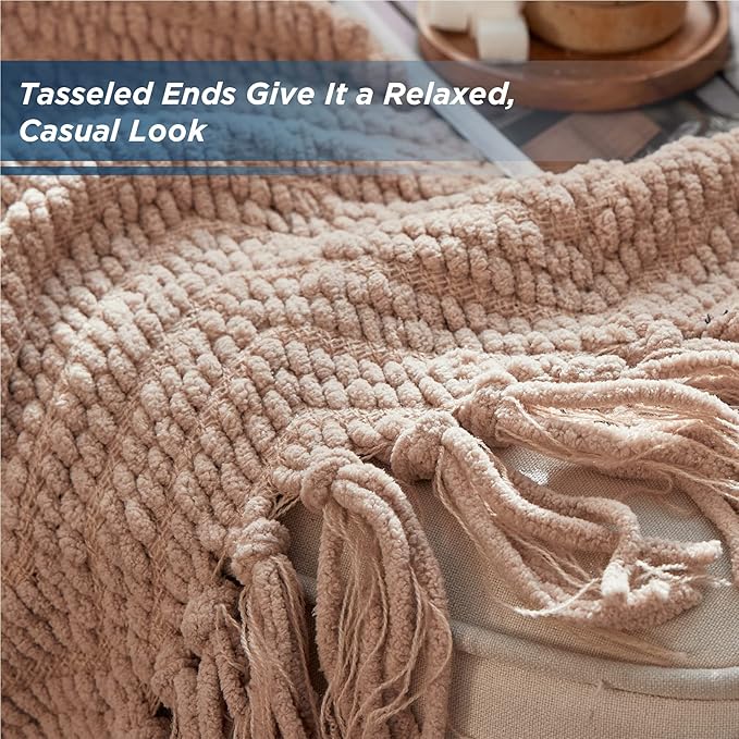 Bedsure Throw Blankets for Couch - Textured Chunky Knit Woven Chenille Blanket - Super Soft, Warm Decorative Boho Throw with Tassels for Bed, Sofa and Living Room Decor, Khaki, 60x80 Inches