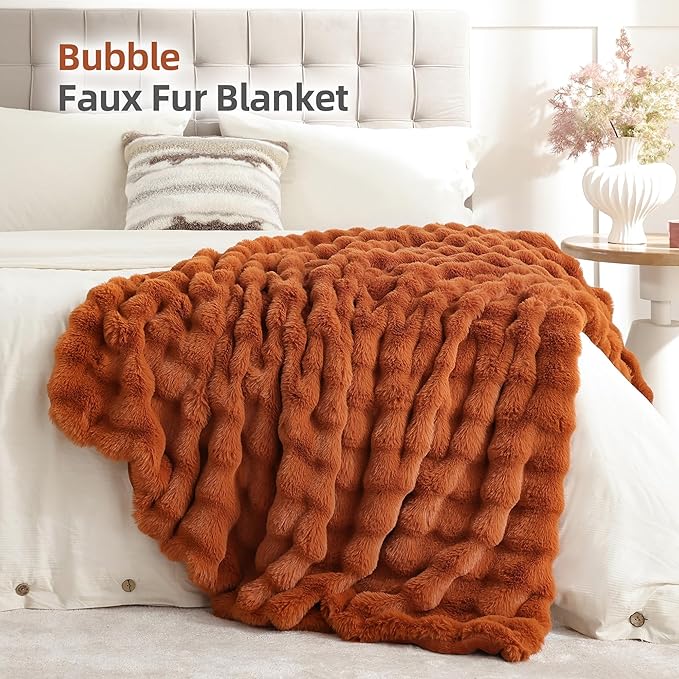 Smoofy Faux Fur Fall Throw Blanket for Couch – Burnt Orange Fluffy Cozy Rabbit Fleece, Plush Soft Bubble Blanket for Sofa & Bed, for Mom, Warm Fuzzy Home Room Decor Throw 50" x 60"