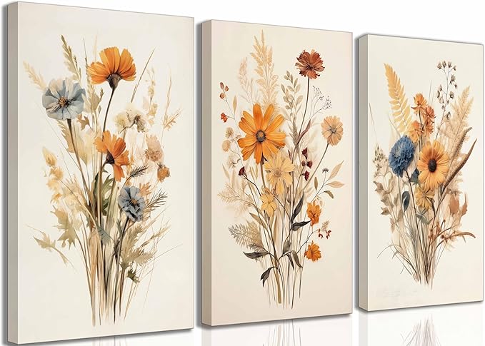 3Pcs Vintage Wildflower Canvas Wall art Country Farmhouse Watercolor Flower Botanical Painting Pictures Wall Decor Floral Poster Print Artwork for Bedroom Living Room Girls Room Decoration