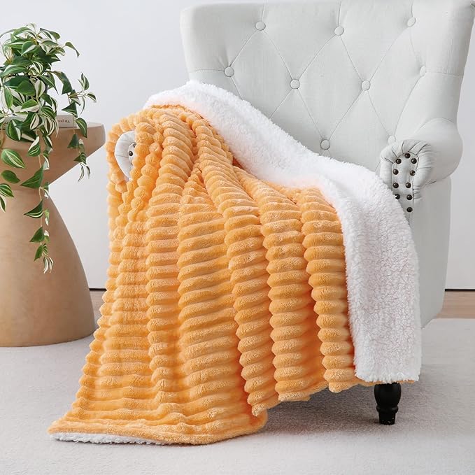 Warm Yellow Sherpa Fleece Throw Blanket 60”×80” for Couch Sofa Bed,Super Soft Cozy Plush Double Side Thick Flannel Blanket with Striped Design Lightweight for Adults,Woman,Girls
