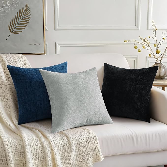 decorUhome Chenille Grey Throw Pillow Covers 22x22 Inch Set of 2, Decorative Soft Couch Pillow Covers Solid Dyed Accent Farmhouse Neutral Square Pillow Cases for Sofa