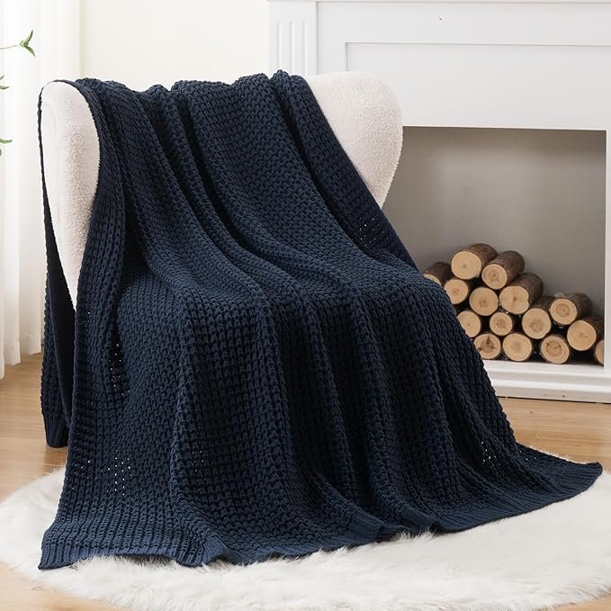 Bunnikins & Clover Navy Blue Throw Blanket for Couch, Knitted Blue Blanket Throw 60''x80'', Super Soft Waffle Navy Throws for Chair Sofa Home Decor