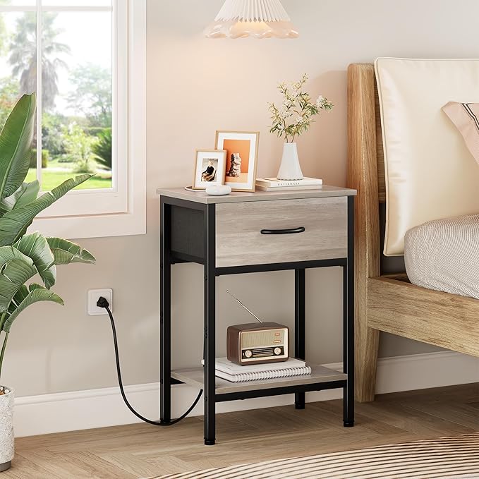 Vagusicc Nightstand with Charging Station, End Table with Fabric Drawer, Small Side Table with 2-Tier Storage Shelves, 25.4" Tall Night Stand, Bedside Table for Bedroom, Living Room, Dorm, Greige