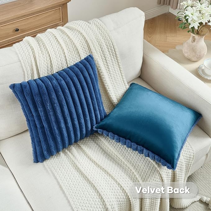 FUTEI Navy Blue Decorative Throw Pillow Covers Set of 2, 22x22 Inch Soft Fluffy Faux Fur Plush Striped Cushion Cases, Modern Home Decor for Couch Bed Living Room