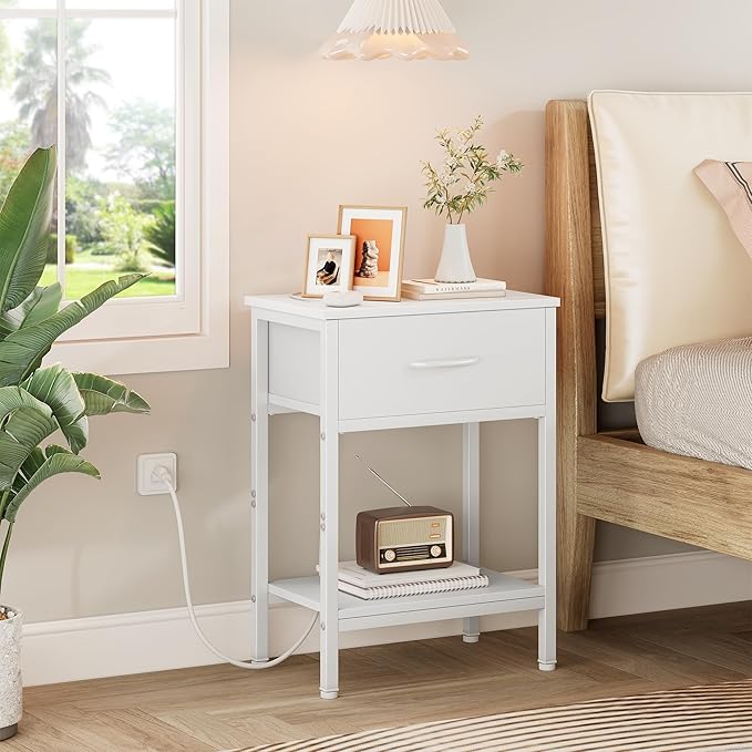 Vagusicc White Nightstand with Charging Station, End Table with Fabric Drawer, Small Side Table with 2-Tier Storage Shelves, 25.4" Tall Bedside Table, White Night Stand for Bedroom, Living Room, Dorm