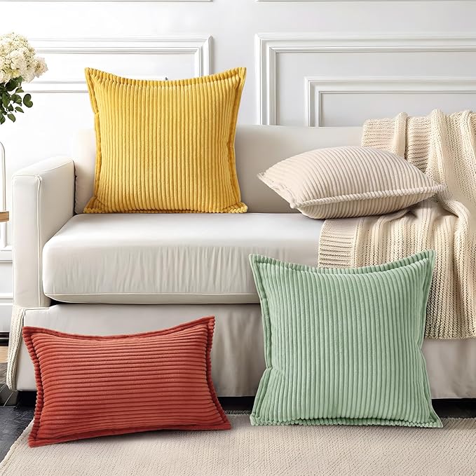 Mecatny Corduroy Throw Pillow Covers 12x20 Set of 2, Neutral Decorative Soft Boho Lumbar Couch Pillow Covers with Broadside for Sofa Living Room, Mustard Yellow