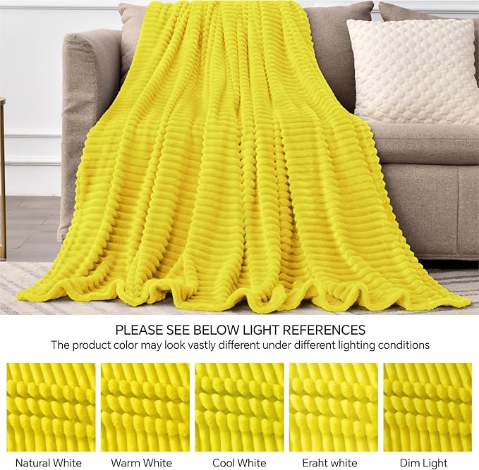 BEDELITE Fleece Throw Blanket for Couch – 3D Ribbed Jacquard Soft and Warm Decorative Fuzzy Blanket – Cozy, Fluffy, Plush Lightweight Yellow Throw Blankets for Bed, Sofa, 50x60 inches