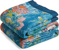 Boho Throw Blanket - 100% Cotton Ultra Soft Muslin Blanket, 60"x80" Lightweight Floral Bird Printed Framhouse Bedding Spring Blanket for Bed, All Season Blue Bohemian Bedroom Home Decor Quilt