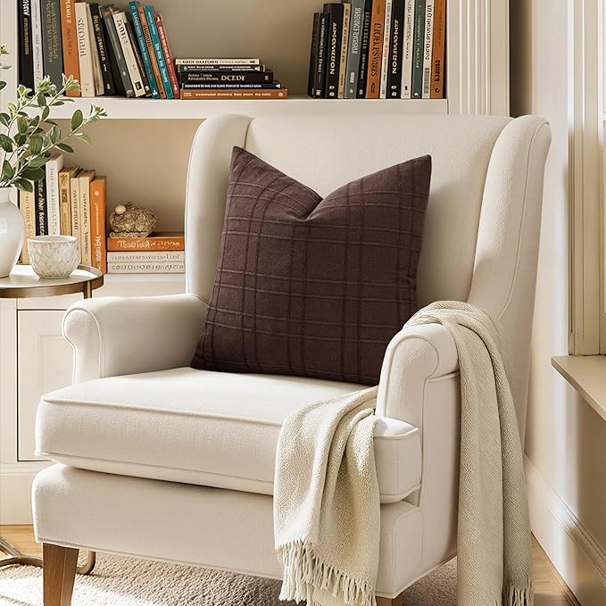 MIULEE Decorative Linen Check Throw Pillow Covers Neutral Farmhouse Vintage Pillow Covers 18x18 Set of 2 Boho Modern Winter Home Decor for Sofa Couch Bedroom Cushion Dark Brown
