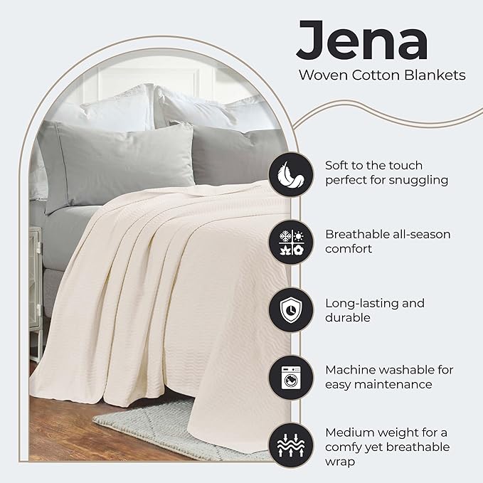 Superior JENA Cotton Blanket, for Picnic, Beach, Traveling or Camping, Bedroom Decor, Essentials, Cover for Bed, Couch, Lounging, Textured Jacquard, Modern Chevron Woven Blanket, Full/Queen, Ivory
