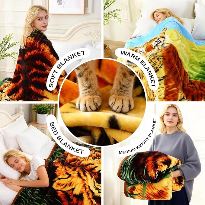 JYK Soft Fleece Bed Blanket Queen Size 5LB, Korean Style 2 Ply Reversible 520GSM Silky Plush Blanket Microfiber, Warm Cozy Blanket for Autumn, Winter 75x87 Inches - Green Tiger/Brown Tiger
