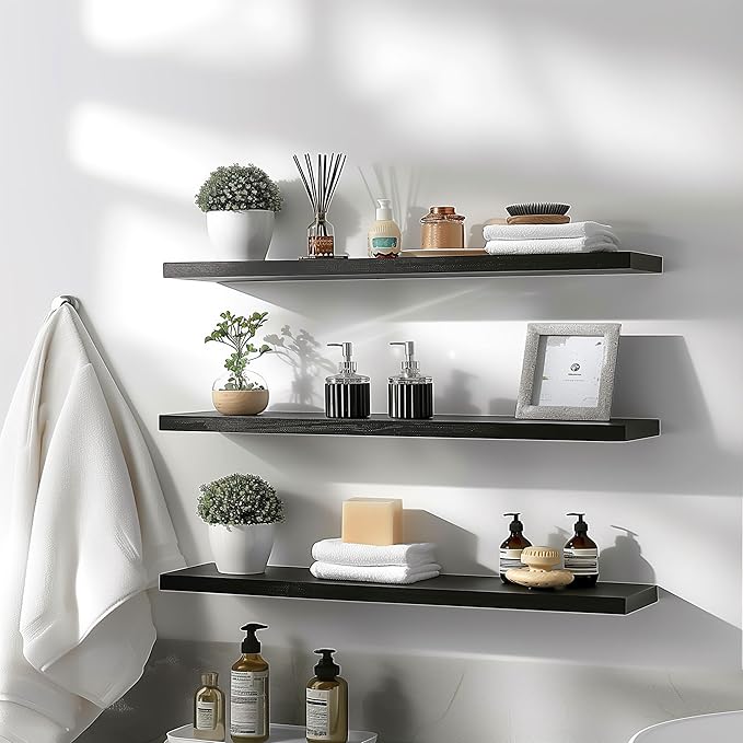 Wood Floating Shelves for Wall Decor, Rustic Wall Shelves for Bedroom Bathroom Kitchen Living Room, Set of 4 Black 36 Inch