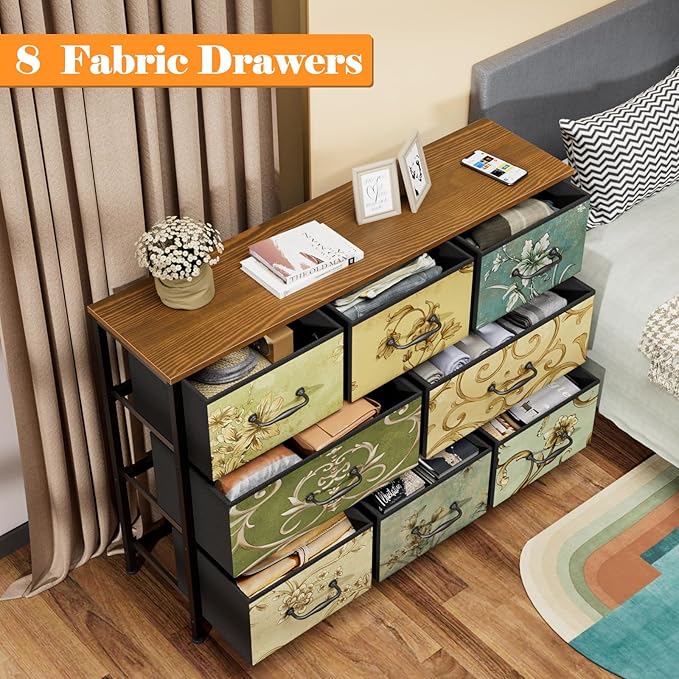 Furnulem 8 Drawer Dresser, Wide Fabric Chest of Drawers, Vintage Furniture for Bedroom, Living Room, Hallway, Closet Clothes Storage, Wooden Top