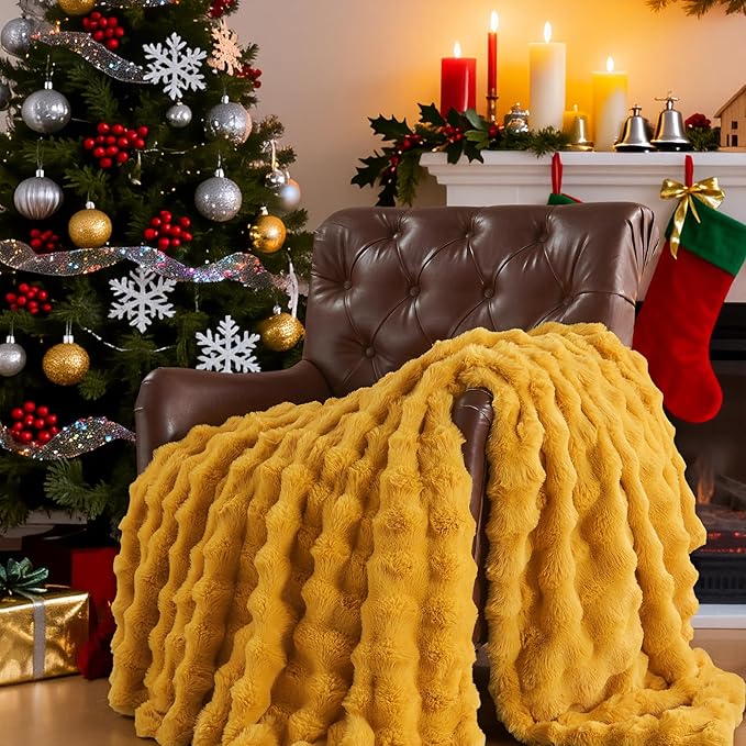 Lotus Karen Faux Fur Throw Blanket Ginger Yellow - Big Bubble Rabbit Fluff Blanket for Couch Bed Sofa,Softest Fluffy Fuzzy Cozy Blanket,Thick Furry Plush Shaggy Warm Blankets for Women,60x80 Inches