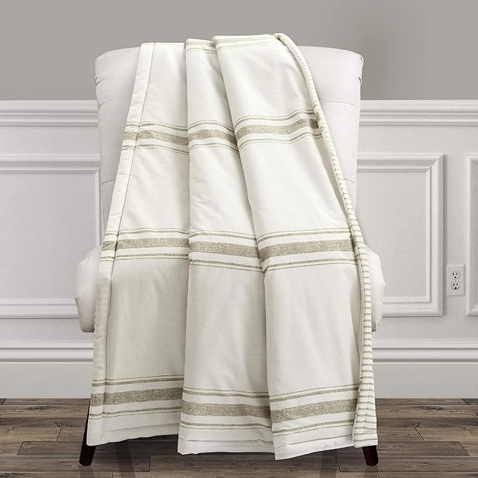 Lush Decor Farmhouse Stripe Reversible Throw, Single, 50" W x 60" L, Neutral - Beige Throw Blanket For Bed - Soft Blanket - Couch Throw - Rustic Farmhouse Decor