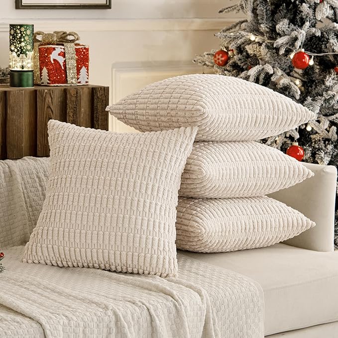 MIULEE Pack of 4 Cream White Corduroy Christmas Decorative Throw Pillow Covers 18x18 Inch Soft Boho Striped Pillow Covers Modern Farmhouse Home Decor for Sofa Living Room Couch Bed