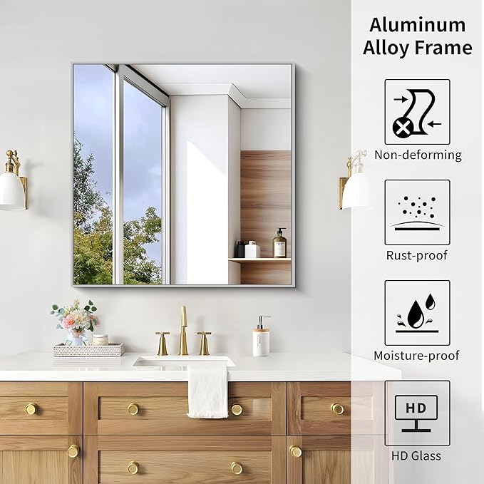 KOCUUY Silver Framed Mirror, 30"x30" Rectangle Bathroom Mirror for Wall, HD Tempered Glass, Anti-Rust Brushed Silver Frame, Modern Design for Bathroom, Bedroom, Living Room, Entryway