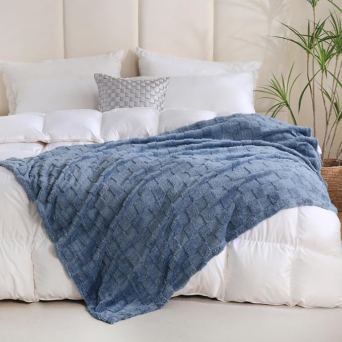 Dusty Blue Fleece Throw Blanket 90”×90” for Couch Sofa Bed,Super Soft Cozy Plush Microfiber Flannel Blanket with 3D Checkered Design Lightweight for Adults,Woman,Girls