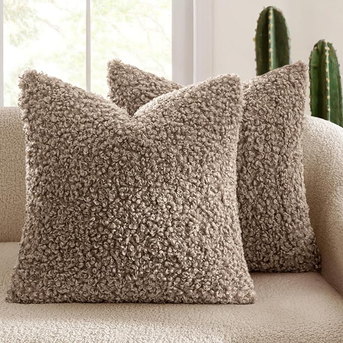 MIULEE Pack of 2 Throw Pillow Covers 20x20 Inch Neutral Khaki Faux Fur Decorative Sherpa Pillow Covers Fuzzy Accent Soft Sheepskin Fleece Cushion Cases for Boho Home Decor Couch Living Room Bed