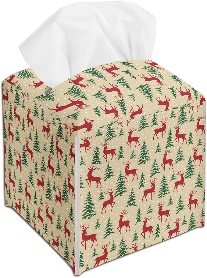 Christmas Trees Reindeer Leather Tissue Box Cover Holder, Tissue Box Cover Square, Ideas for Family Friends, Bathroom Kitchen Car Office Home Table Decor(5.2 Inches)-B13