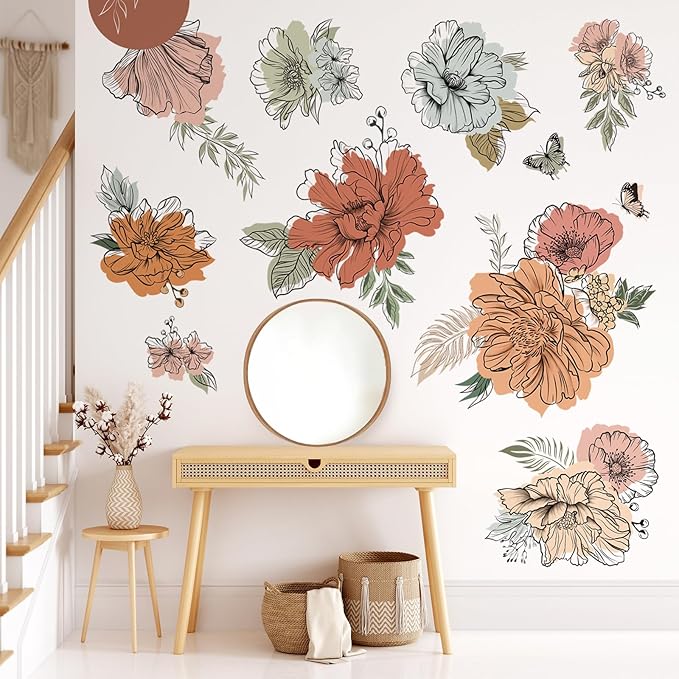 decalmile Boho Vintage Large Flower Wall Decals Bohemian Retro Floral Sun Butterfly Wall Stickers Living Room Bedroom Office Wall Decor