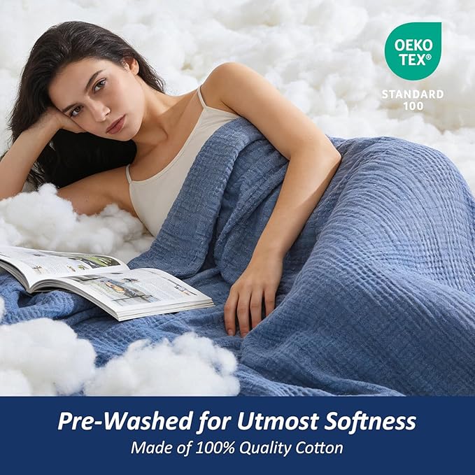 EMME Cotton Muslin Twin Blanket Breathable Gauze Soft Lightweight Adults Gifts for Women (Heather Navy, 60"x80")