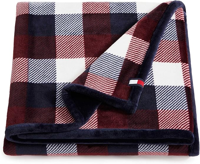 Tommy Hilfiger - Blanket, Ultra-Soft Plush Throw Blanket for Bed or Couch, Cozy Plaid Bedding with Solid Reverse & Tailored Hem, Medium Weight for Year Round Comfort (Derby Plaid Red, 50" x 70")