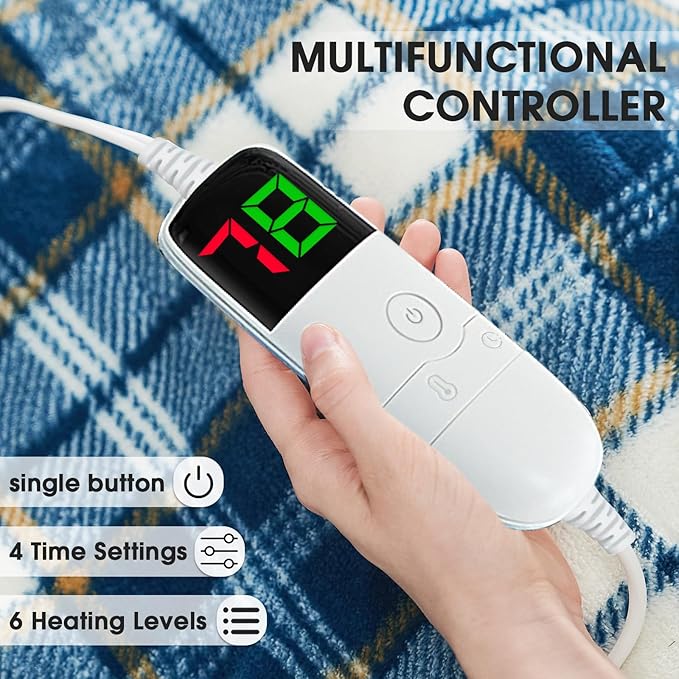 OCTROT Heated Blanket Electric Throw 50X60 Heating Throw with 10 Levels 8 Hours Auto Off, Blue Plaid Sherpa Blanket Winter Warmer, for Mom Women, Home Decor for Couch Bed Office