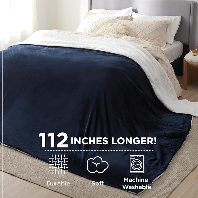 Bedsure GentleSoft Sherpa Fleece Cal King Blankets for Bed, Non-Heated, Thick and Warm Oversized Throw for Women and Men, Soft Fuzzy Plush Large Blanket for Winter, Navy, 112x98 Inches
