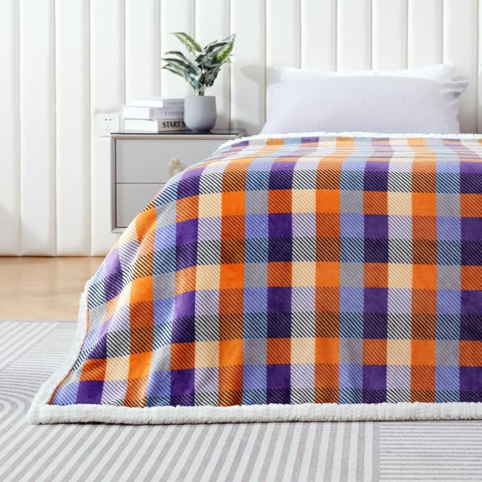 BEAUTEX Sherpa Fleece Flannel Throw Blanket, Fall Super Soft Warm Checkered Plaid Plush Blankets and Throws, Warm Autumn Winter Cozy Fuzzy Blanket for Couch Sofa Bed (Orange and Purple, 50" x 60")