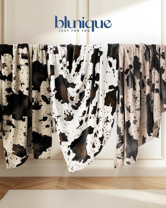 Cow Print Blanket Ultra Soft Flannel Throw Blanket for Couch Bed, Cute Cozy Lightweight All-Season Fleece Blanket Queen, Gift for Women & Girls, 90×90 Inches Black & White