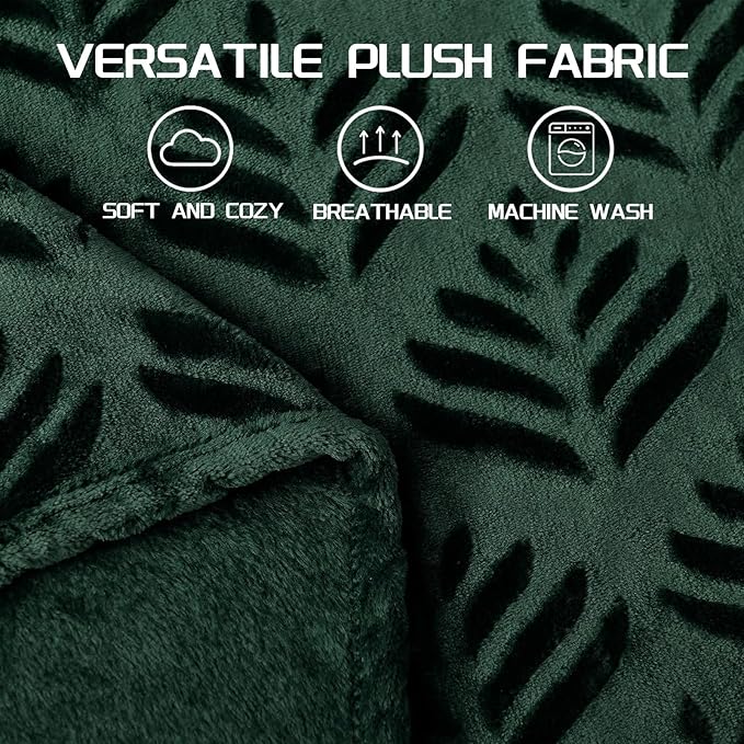 Exclusivo Mezcla Fleece Throw Blanket for Couch, Super Soft and Cozy Blankets All Season Use, Leaves Pattern, Plush Fuzzy Lightweight, Forest Green, 50x60 Inch