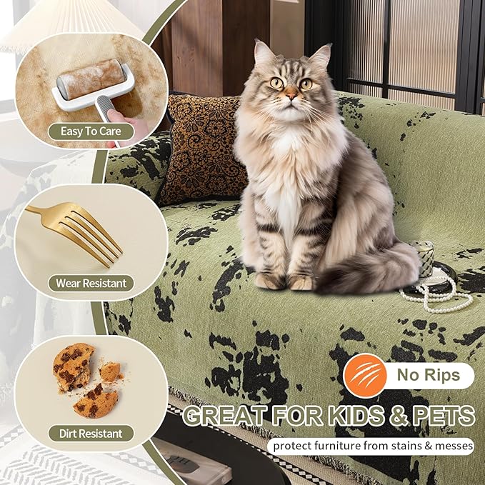 HANDONTIME Abstract Couch Cover for Dogs Green and Black Couch Cover Blanket for 2 Cushion Sofa Modern Aesthetics Sofa Covers Washable Pet Friendly Chenille Pet Protector Furniture Covers, 71" X 118"