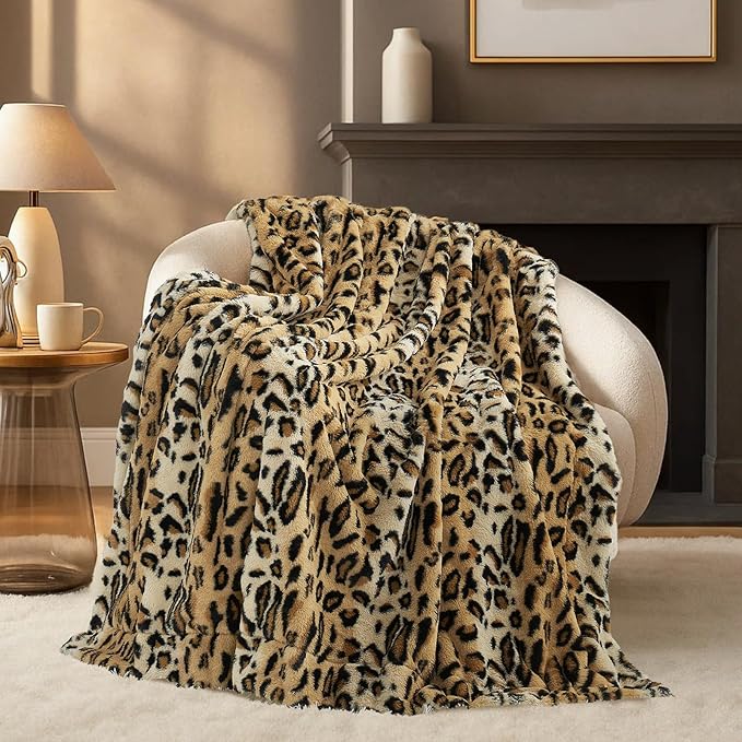Cozy Bliss Luxury Faux Fur Throw Blanket Leopard Print, Non Shedding Double Sided Sherpa Blankets Super Soft Fluffy Thick Warm Throws Home Decor for Couch Bed Sofa Women,50"*60"Inches Brown Leopard