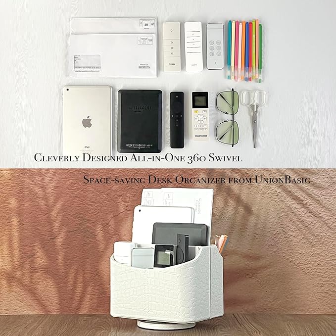 UnionBasic Rotating Desk Organizer, 360 Degree Desk Spinning Caddy, Desktop TV Guide/Mail/Media/Remote Controller Holder Organizer, Crocodile White