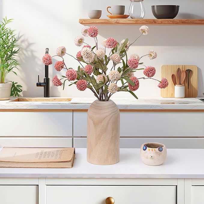 LUEUR Artificial Fall Flowers with Wooden Vase – Long Stem Mums Beige & Pink Chrysanthemum Pom Pom Floral Arrangement Centerpiece Table Decorations for Thanksgiving Dining Farmhouse Table Decor