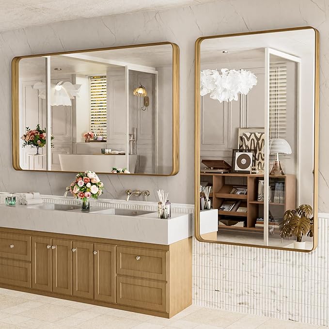 LOAAO 60X28 Inch Bathroom Mirror with Wood Grain Colored Metal Frame, Rounded Rectangle Metal Framed Bathroom Mirror, Anti-Rust, Hangs Horizontally or Vertically, Tempered Glass
