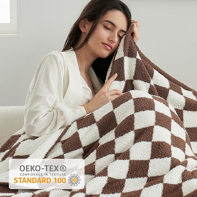 Snuggle Sac Checkered Bedding Blanket Twin Size 60x80, Super Soft Cozy Warm Knit Blankets, Reversible Breathable Lightweight Fluffy Throws for Sofa Bed, Checkered Brown, 60x80 Inches