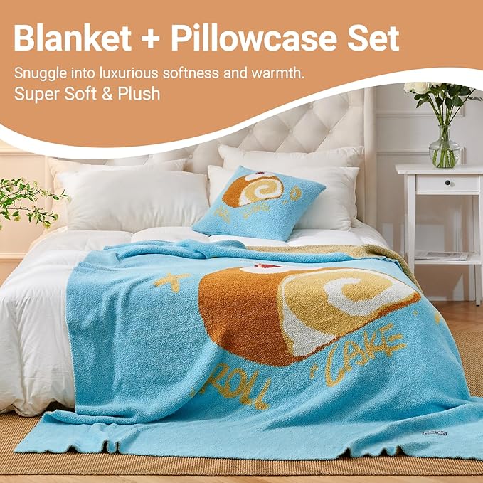 YIRUIO Swiss Roll Pattern Plush Blanket & Pillowcase Set,Ultra Soft Cozy Warm Thick Fuzzy Fluffy 50x60 Throw Blue with 18x18 Cushion Cover for Bed Sofa Couch Home Decor Gift