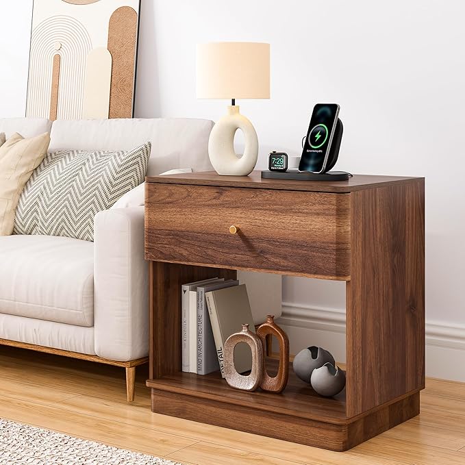 Modern Night Stand with Charging Station for Bedroom, Nightstand Bedside Table with Drawer and Storage Shelf for Bedroom (Walnut-Charging Station-1 pc)