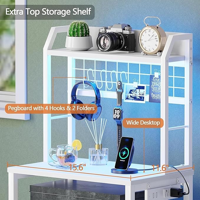 Furologee 40'' Tall Nightstand with Charging Station, Bedside Table with LED Lights, End Table with 2 Drawers and Storage Shelves, Night Stand with Pegboard for Bedroom, White