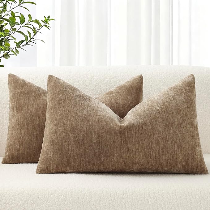 decorUhome Chenille Brown Throw Pillow Covers 12x20 Inch Set of 2, Decorative Soft Couch Pillow Covers Solid Dyed Accent Farmhouse Neutral Rectangle Pillow Cases for Sofa