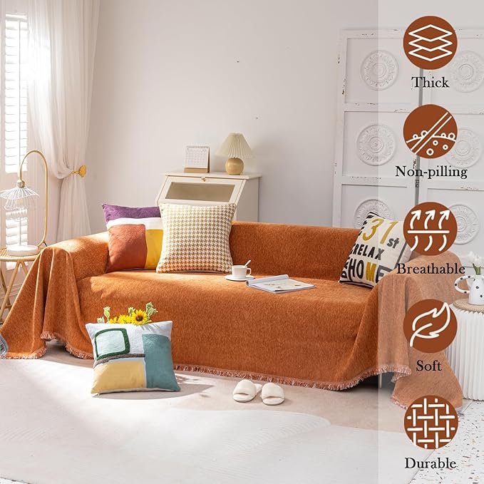 HANDONTIME Brunt Orange Sofa Cover Couch Covers for Sofa Washable Loveseat Covers Soft Chenille Couch Cover for Dogs Solid Caramel Couch Covers for 3 Cushion Couch Sofa Pet Friendly, 71" X118"
