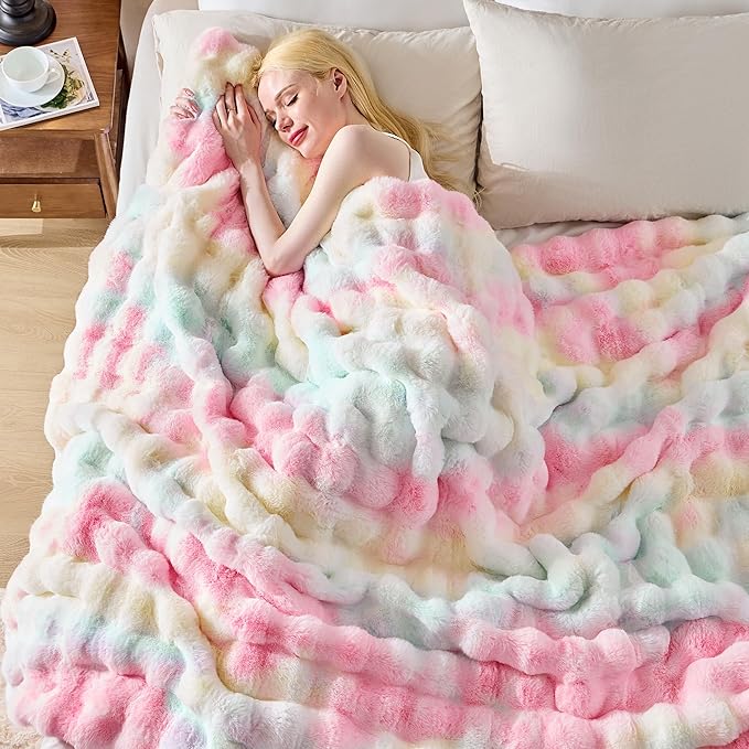Luxury 1000GSM Faux Rabbit Fur Throw Blanket, Super Heavy Warm Cozy Blankets for Couch Bed Sofa, Bubble Plush Fuzzy Elegant Soft Reversible Mink Blanket for Living Room Bedroom, Rainbow