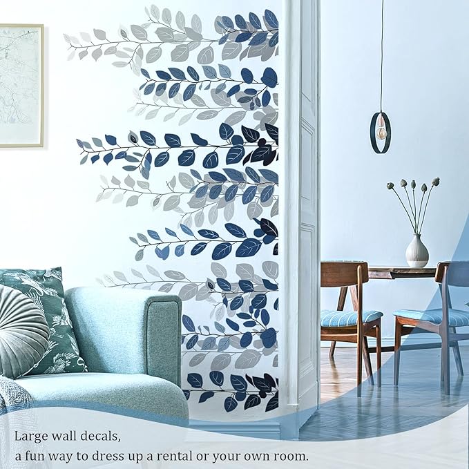 Blue Hanging String of Eucalyptus Wall Decals Peel and Stick, Large Plants Vinyl Wall Stickers, Removable Vine Home Decor Art for Bedroom Living Room Classroom Office