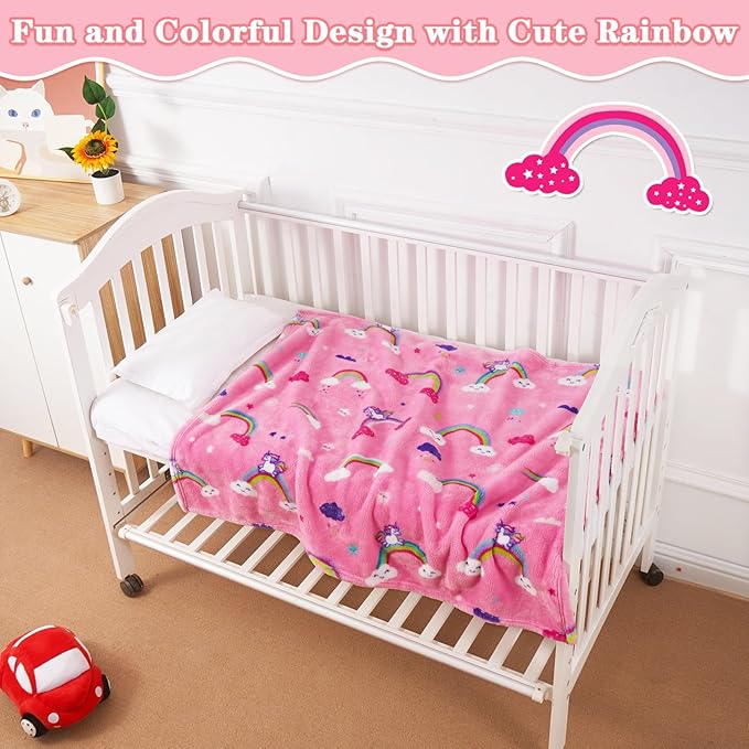 Lukeight Pink Rainbow Toddler Blanket Gifts for Girls, Plush and Thick Girls Unicorns Blanket Birthday Gifts for Toddler and Baby (Rainbow Unicorns, 30x40 Inches)